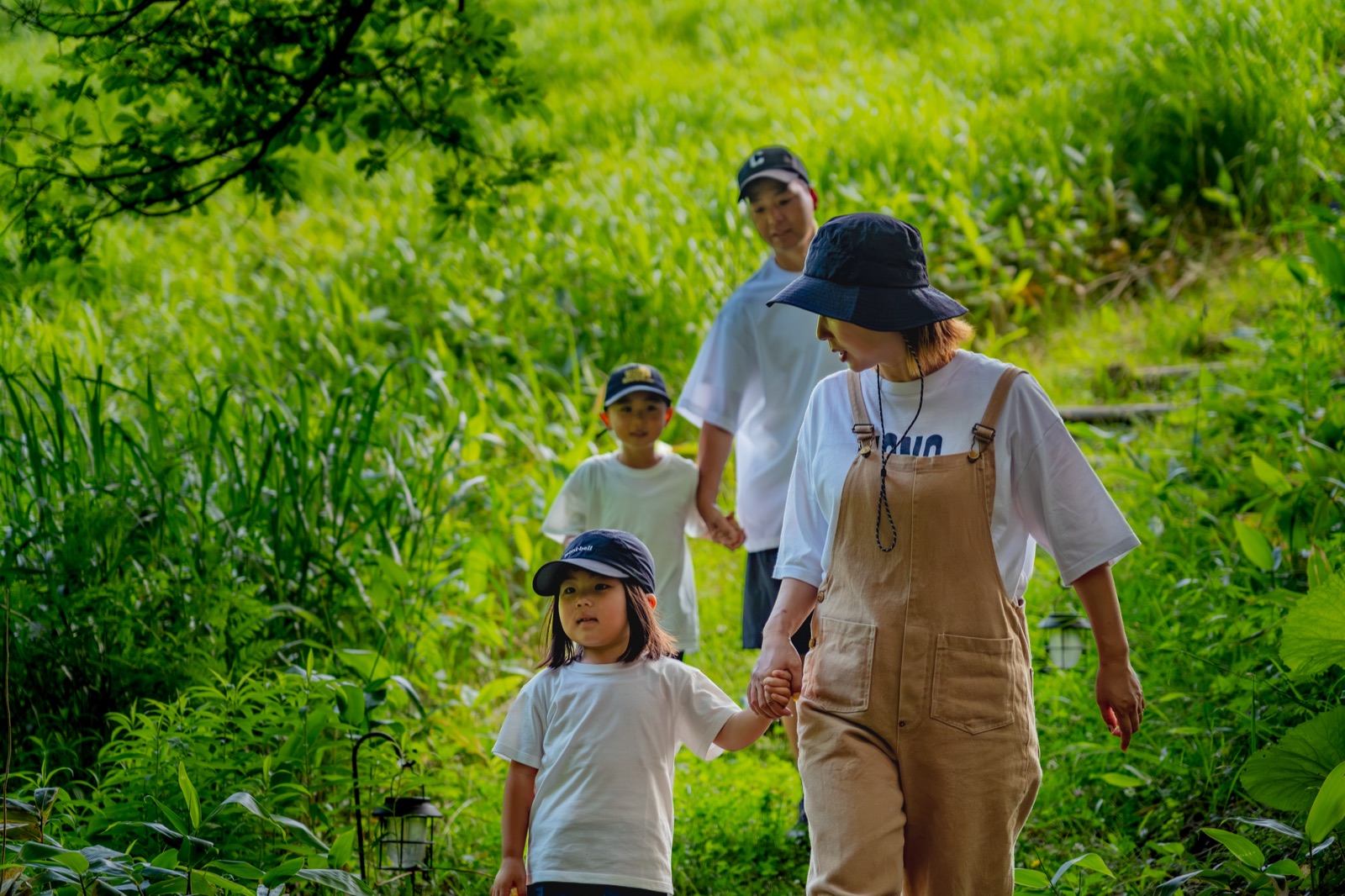 草原をゆっくり歩く家族